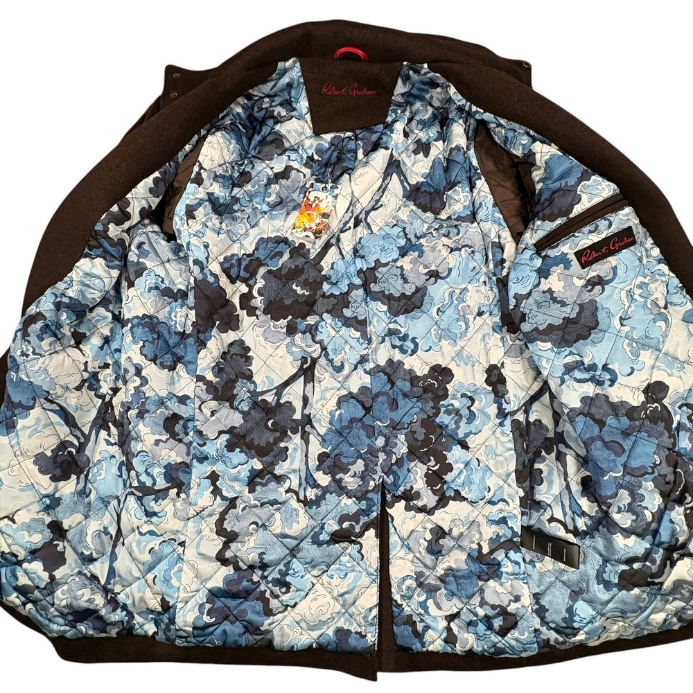 Robert Graham Wool Blend Car Coat Mens XL Brown Floral Lined Stand Collar NWT - Picture 4 of 11